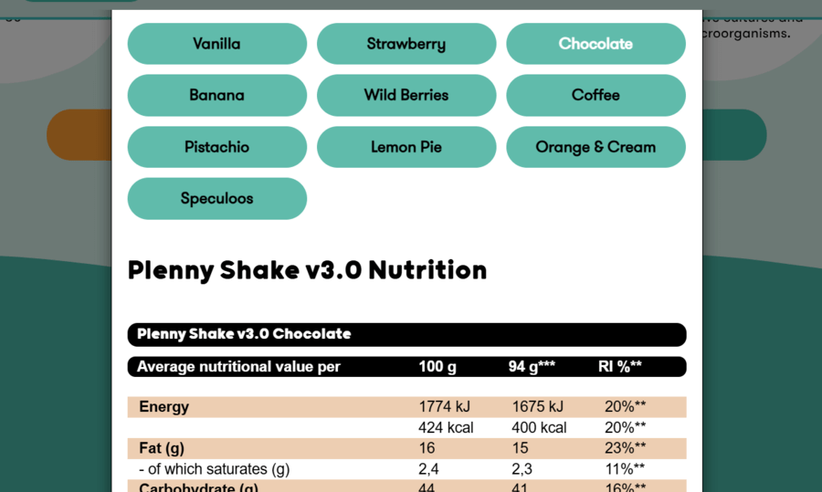 Fiche nutritionnelle Plenny Shake Jimmy Joy