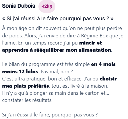Témoignage Sonia Dubois Régime Box